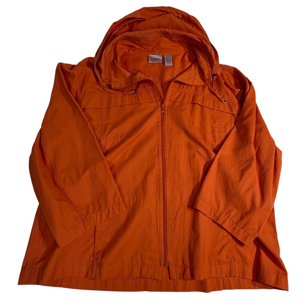 Chico's Cotton Blend Jacket Size 3 US 16/18 Orange Hooded Zip Up READ